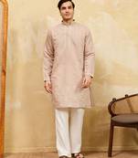 Beige viscose silk multi thread & sequence embroidered work kurta