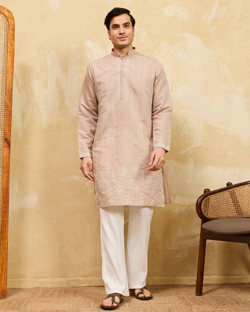 Beige viscose silk multi thread & sequence embroidered work kurta