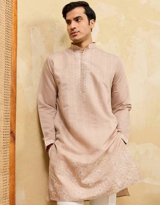 Beige viscose silk multi thread & sequence embroidered work kurta 2