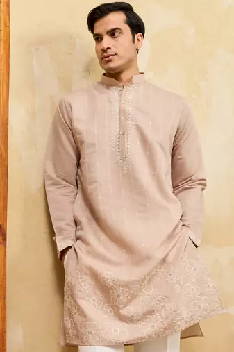 Beige viscose silk multi thread & sequence embroidered work kurta
