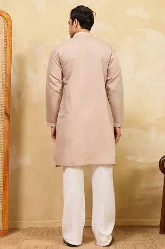 Beige viscose silk multi thread & sequence embroidered work kurta
