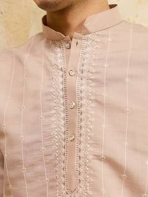 Beige viscose silk multi thread & sequence embroidered work kurta 4