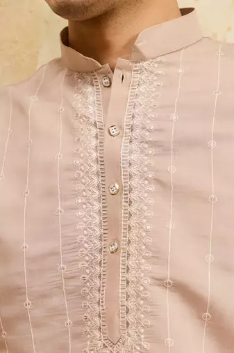 Beige viscose silk multi thread & sequence embroidered work kurta