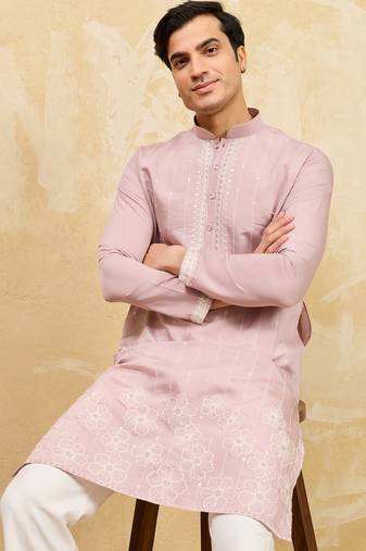 Pink viscose silk multi thread & sequence embroidered work kurta