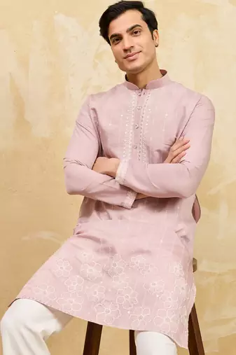 Pink viscose silk multi thread & sequence embroidered work kurta