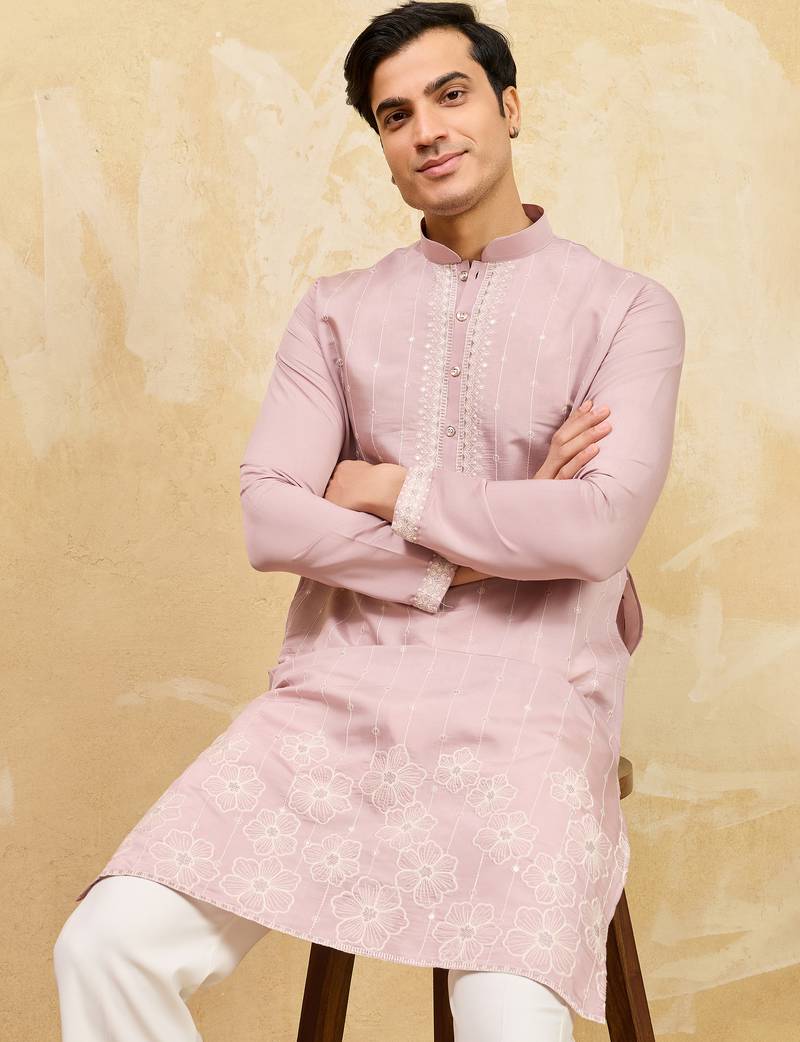 Pink viscose silk multi thread & sequence embroidered work kurta