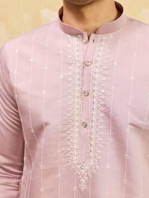 Pink viscose silk multi thread & sequence embroidered work kurta 2