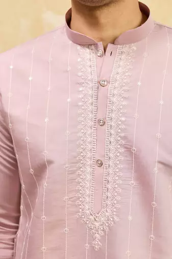 Pink viscose silk multi thread & sequence embroidered work kurta