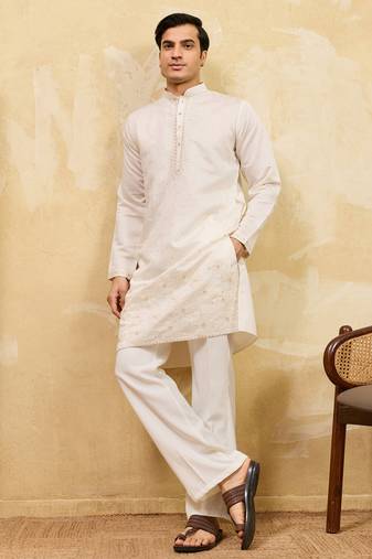 White viscose silk multi thread & sequence embroidered work kurta