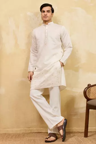 White viscose silk multi thread & sequence embroidered work kurta