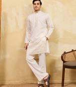 White viscose silk multi thread & sequence embroidered work kurta