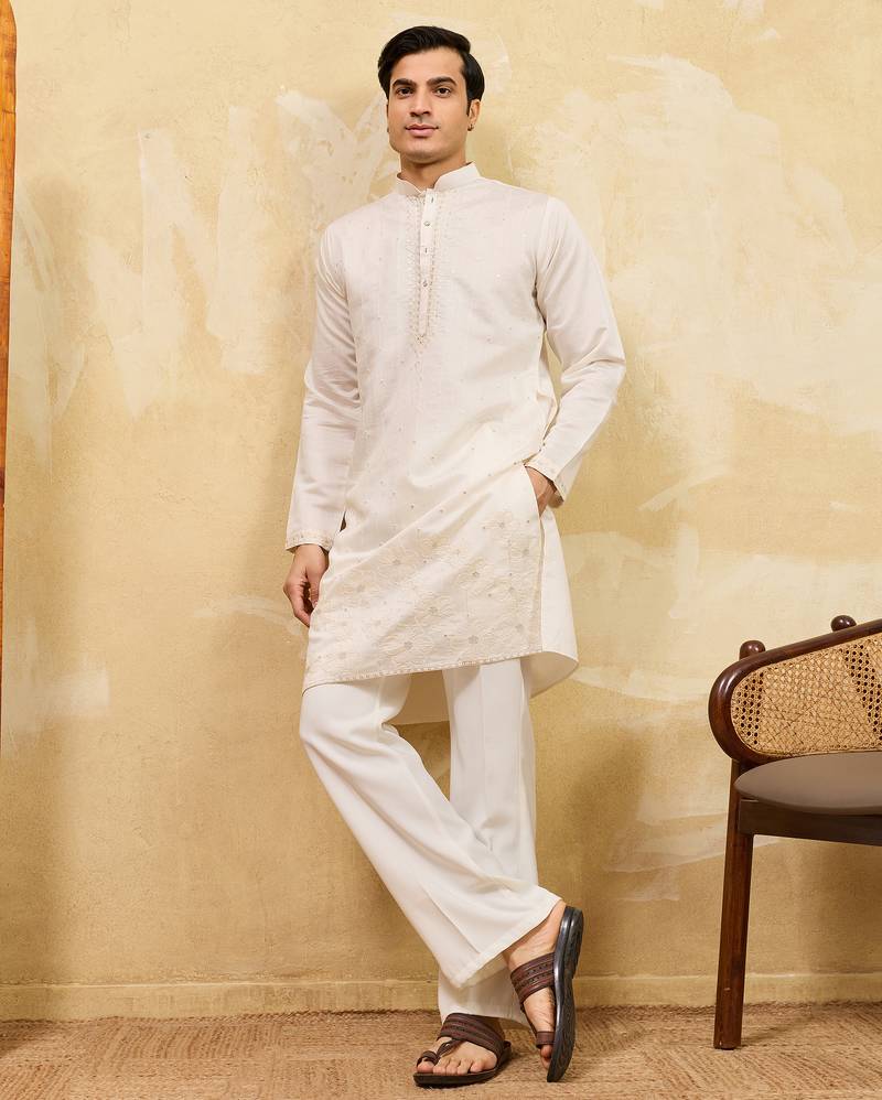 White viscose silk multi thread & sequence embroidered work kurta