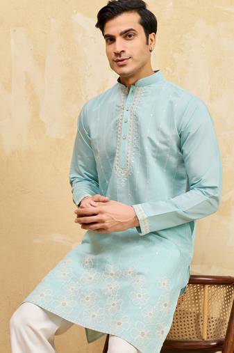 Sky blue viscose silk multi thread & sequence embroidered work kurta