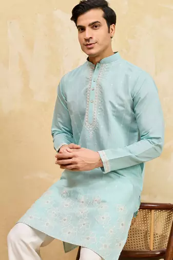 Sky blue viscose silk multi thread & sequence embroidered work kurta
