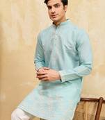 Sky blue viscose silk multi thread & sequence embroidered work kurta