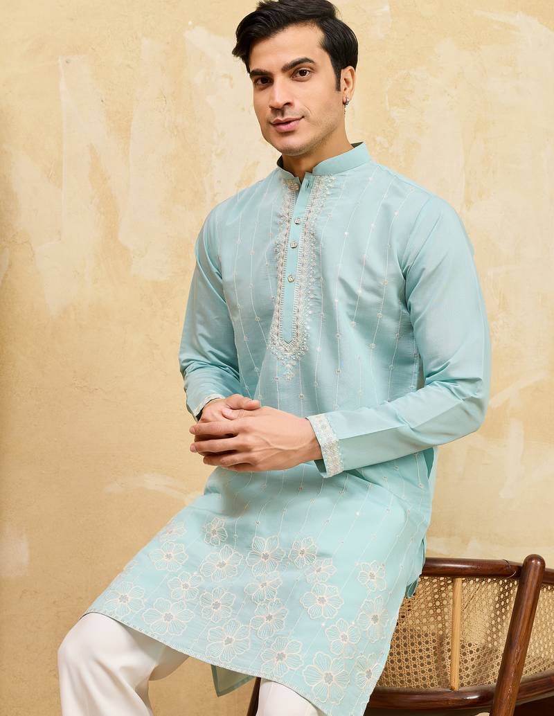 Sky blue viscose silk multi thread & sequence embroidered work kurta