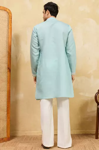 Sky blue viscose silk multi thread & sequence embroidered work kurta