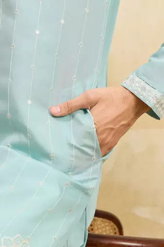Sky blue viscose silk multi thread & sequence embroidered work kurta