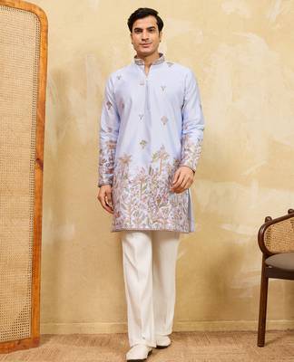 Sky blue viscose silk multi thread & sequence embroidered work kurta 1