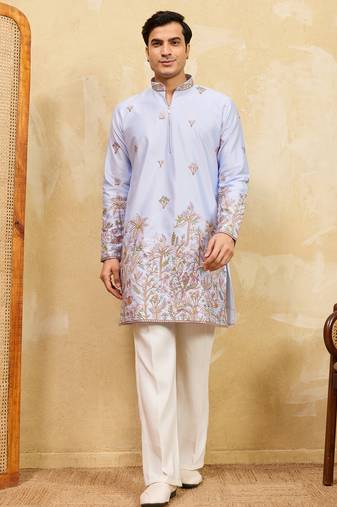 Sky blue viscose silk multi thread & sequence embroidered work kurta