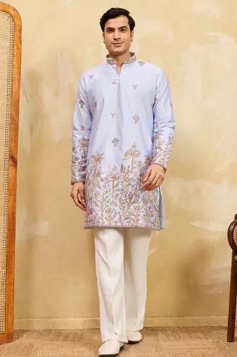 Sky blue viscose silk multi thread & sequence embroidered work kurta