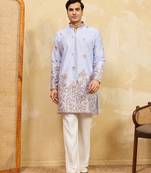 Sky blue viscose silk multi thread & sequence embroidered work kurta