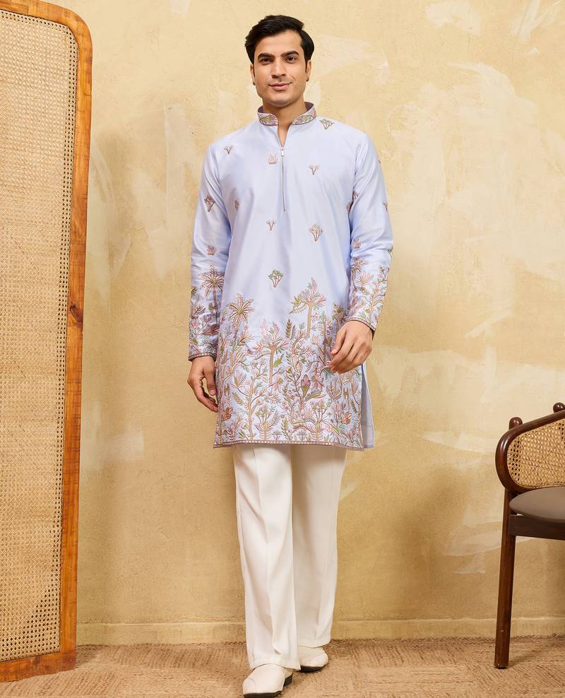 Sky blue viscose silk multi thread & sequence embroidered work kurta
