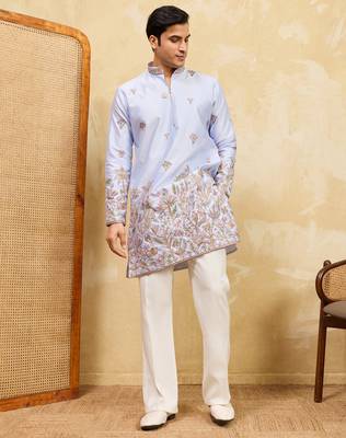 Sky blue viscose silk multi thread & sequence embroidered work kurta 2