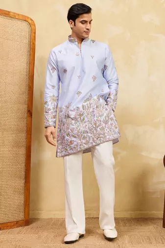 Sky blue viscose silk multi thread & sequence embroidered work kurta