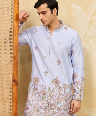 Sky blue viscose silk multi thread & sequence embroidered work kurta 3