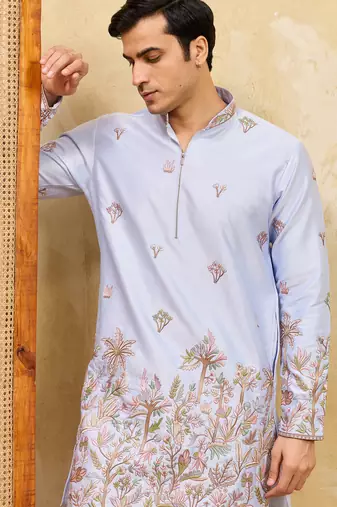 Sky blue viscose silk multi thread & sequence embroidered work kurta