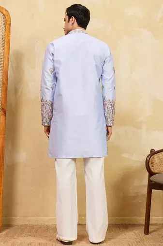 Sky blue viscose silk multi thread & sequence embroidered work kurta