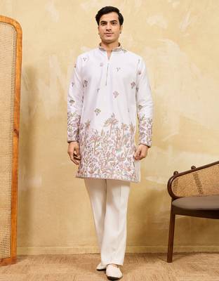 White viscose silk multi thread & sequence embroidered work kurta 1