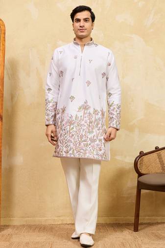 White viscose silk multi thread & sequence embroidered work kurta