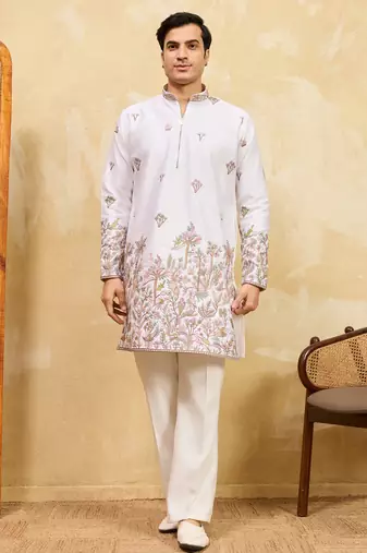 White viscose silk multi thread & sequence embroidered work kurta