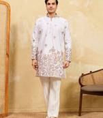 White viscose silk multi thread & sequence embroidered work kurta