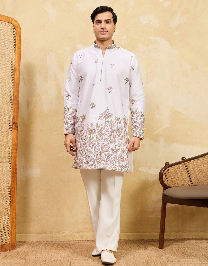 White viscose silk multi thread & sequence embroidered work kurta