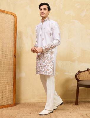 White viscose silk multi thread & sequence embroidered work kurta 2