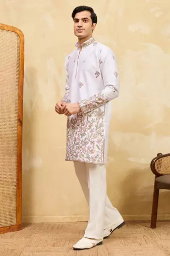 White viscose silk multi thread & sequence embroidered work kurta
