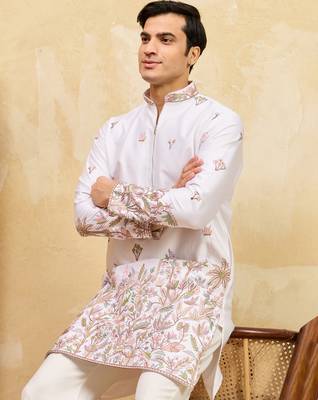 White viscose silk multi thread & sequence embroidered work kurta 3
