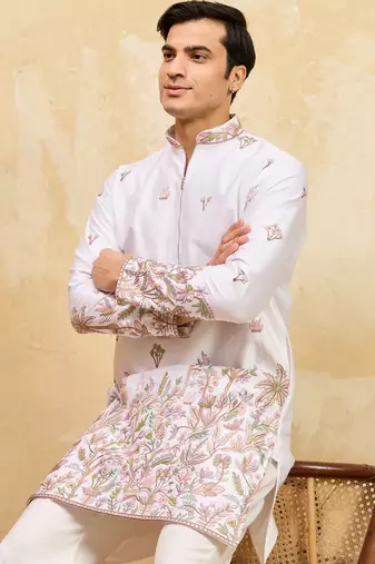 White viscose silk multi thread & sequence embroidered work kurta