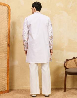 White viscose silk multi thread & sequence embroidered work kurta 4