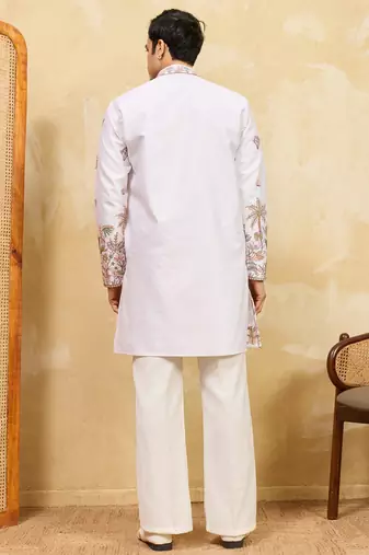 White viscose silk multi thread & sequence embroidered work kurta