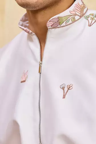 White viscose silk multi thread & sequence embroidered work kurta
