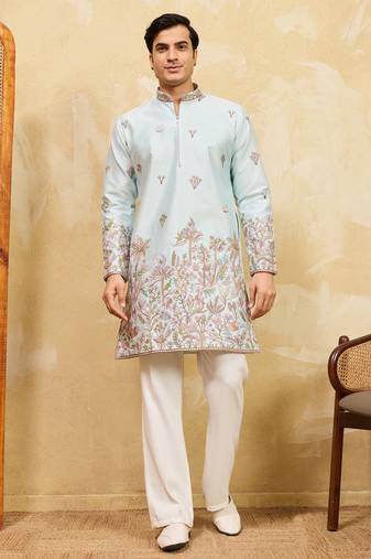 Pistachio viscose silk multi thread & sequence embroidered work kurta