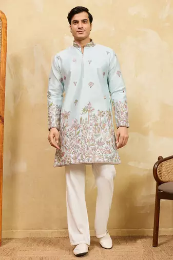 Pistachio viscose silk multi thread & sequence embroidered work kurta