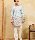 Pistachio viscose silk multi thread & sequence embroidered work kurta