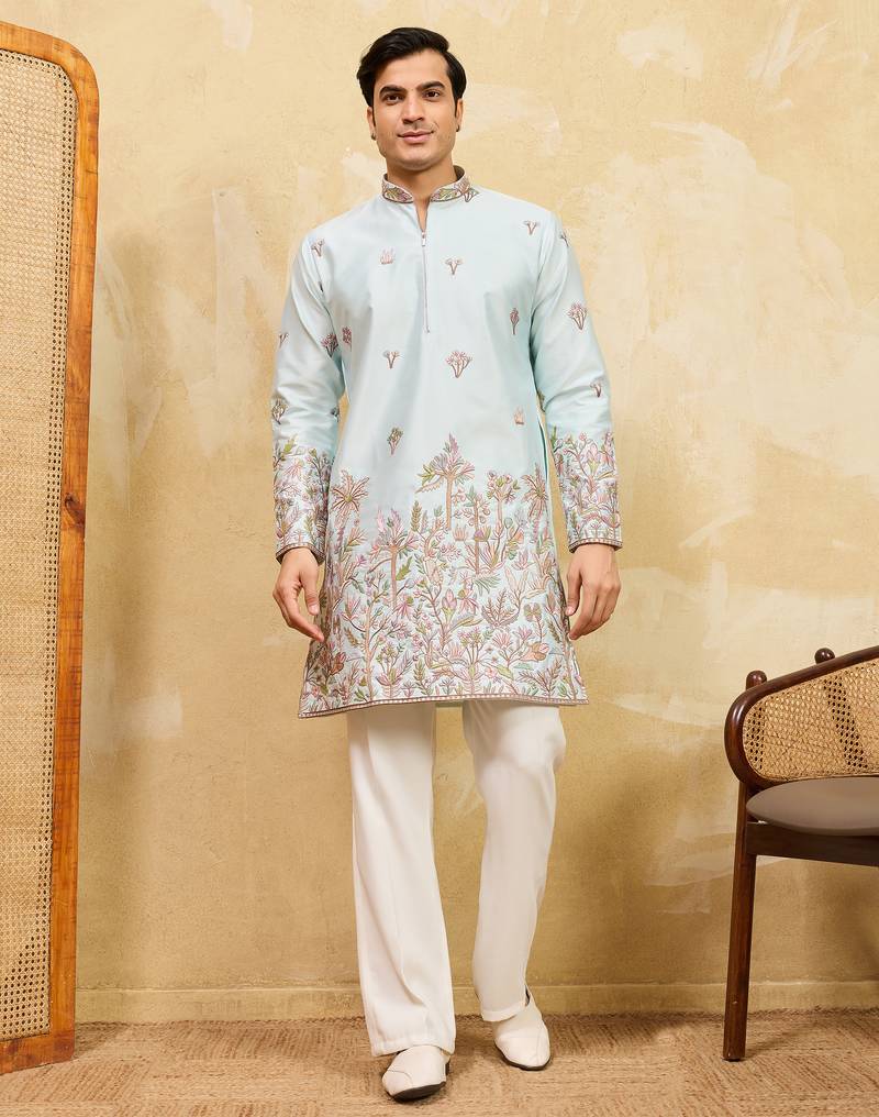 Pistachio viscose silk multi thread & sequence embroidered work kurta