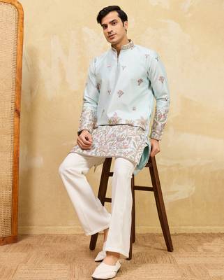 Pistachio viscose silk multi thread & sequence embroidered work kurta 2