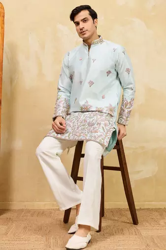 Pistachio viscose silk multi thread & sequence embroidered work kurta